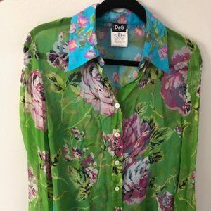 Dolce & Gabbana Green & Blue Floral Silk Blouse EU30 | S